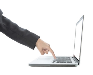 business hand and blank laptop screen isolated on white background.