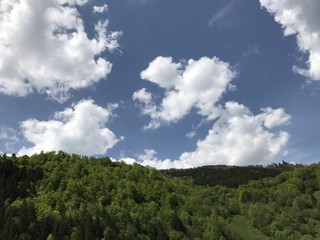 Mountains with green trees under a sky with clouds, during spring.