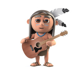 3d Funny cartoon Native American Indian character plays acoustic guitar