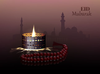 Eid and Ramadan theme background with a burning lamp and a rosary.