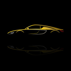 Yellow car silhouette with reflection on black background. 