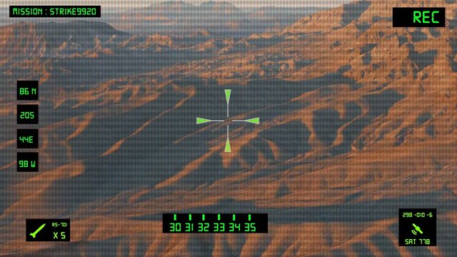 Viewfinder of a military helicopter / plane looking for a target to shoot and bomb. Desert area.
