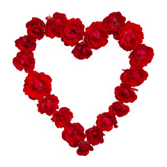 Red roses forming a heart shape on white background
