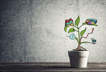 Drawn income tree in white pot for business investment savings and making money