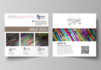 Business templates for square design brochure, magazine, flyer, booklet. Leaflet cover, vector layout. Colorful background made of stripes. Abstract tubes and dots. Glowing multicolored texture.