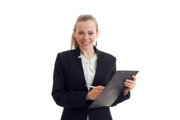 beautiful smiling business woman holding a black Tablet