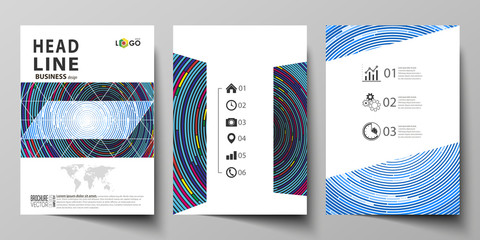Business templates for brochure, magazine, flyer, booklet or report. Cover design template, abstract vector layout in A4 size. Blue color background in minimalist style made from colorful circles.