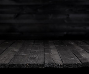 Dark wooden table for product, old black wooden perspective interior