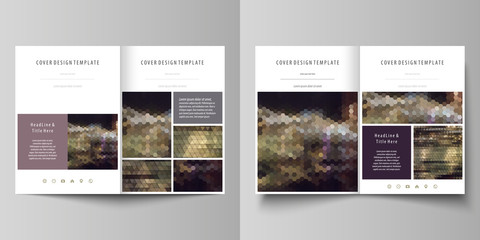 Business templates for bi fold brochure, magazine, flyer, booklet, report. Cover design template, vector layout in A4 size. Abstract backgrounds. Geometrical patterns. Triangular and hexagonal style.