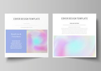 Business templates for square design brochure, flyer. Leaflet cover, abstract vector layout. Hologram, background in pastel colors with holographic effect. Blurred colorful pattern, surreal texture.
