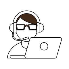 color silhouette cartoon half body man customer service with laptop and headphones vector illustration