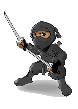 Ninja Vector Cartoon Illustration. Mascot or cartoon character ready to fight handle two swords. 