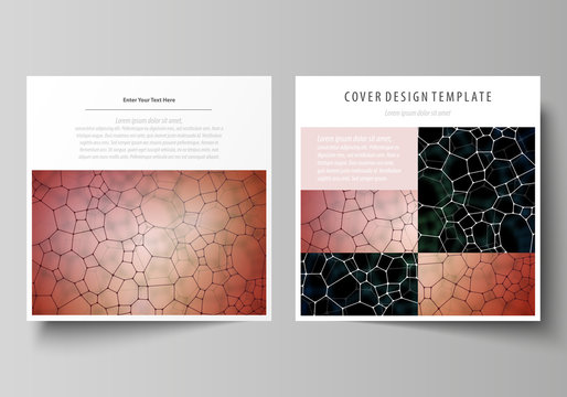 Business templates for square design brochure, flyer. Leaflet cover, vector layout. Chemistry pattern, molecular texture, polygonal molecule structure, cell. Medicine, science or microbiology concept.