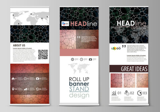 Roll up banner stands, flat design templates, corporate vertical vector flyers, flag layouts. Chemistry pattern, molecular texture, polygonal molecule structure, cell. Microbiology concept.