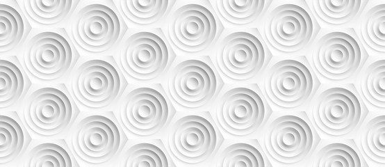 Volume realistic embossing texture, circles сut in honeycomb, white background, 3d geometric seamless pattern, design vector wallpaper