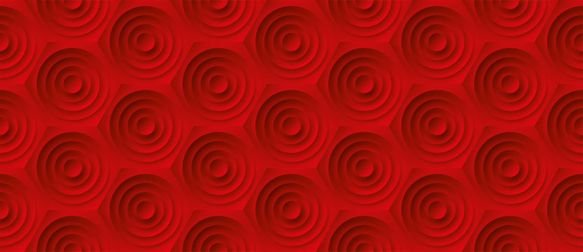 Volume realistic embossing texture, circles in honeycomb, red background, 3d geometric seamless pattern, design vector wallpaper