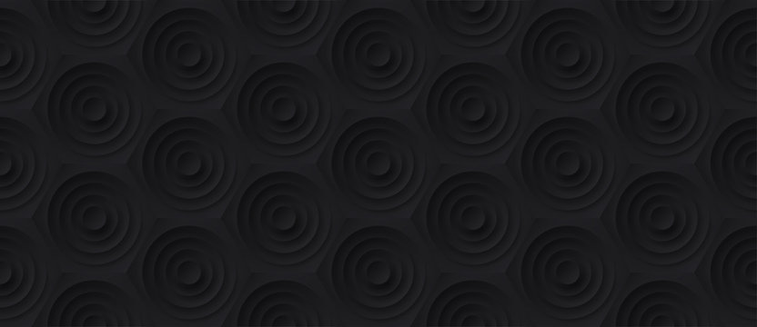Volume realistic embossing texture, circles сut in honeycomb, black background, 3d geometric seamless pattern, design vector dark wallpaper