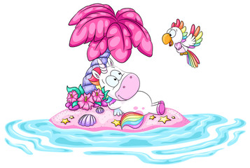 Naklejka premium Einhorn auf pinker Insel Vektor Illustration