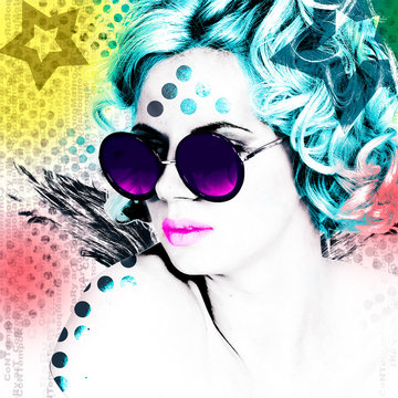 Stylish poster with a portrait of a pretty girl in round glasses. Modern interpretation of the style of Pop Art.