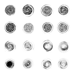 Set of black chaotic circular figures isolated on the white background