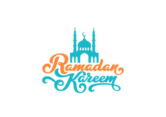Fototapeta premium Ramadan Kareem text Vector Lettering greeting card design template..Vintage retro calligraphic typography poster with Moon and Mosque.
