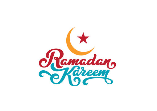 Ramadan Kareem text Vector Lettering greeting card design template..Vintage retro calligraphic typography poster with Moon and Mosque.