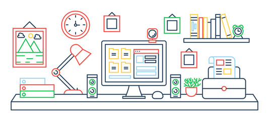 Vector illustration of black line single colored office table with computer. Color outline style.