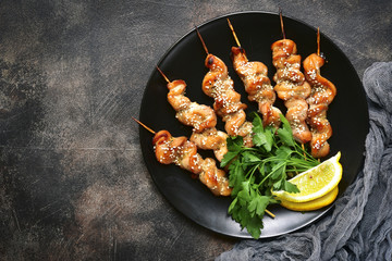 Grilled chicken kebab .Top view with copy space.