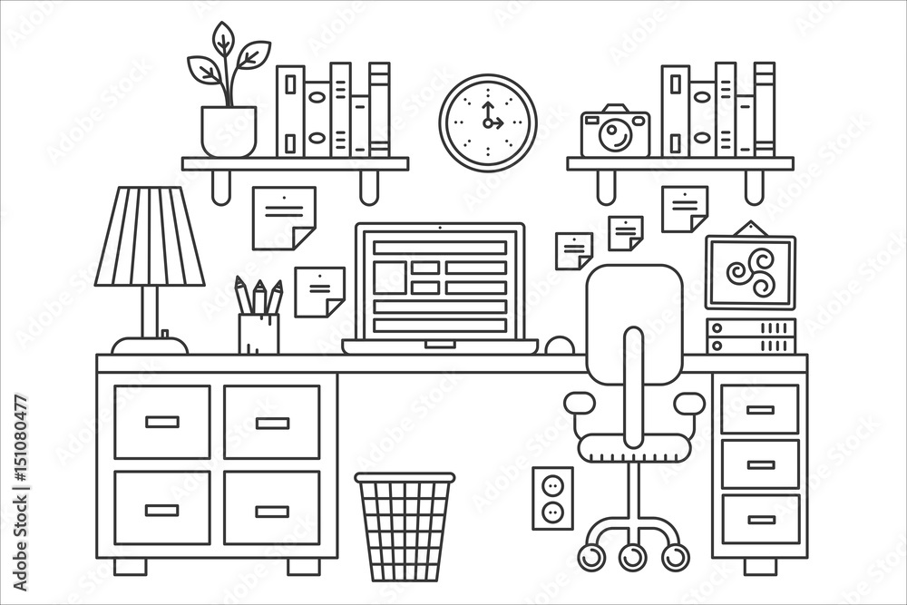Aufkleber vector illustration of black line single colored office table with computer. outline style.