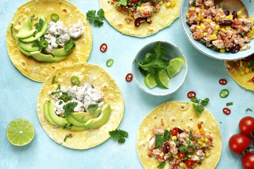 Assortment of chicken tacos - traditional dish of mexican cuisine.Top view.