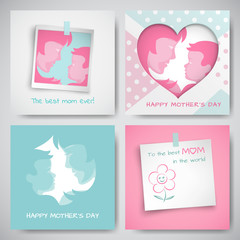 Set of green and pink greeting cards for mother's day. Women and baby silhouettes, congratulation text, cuted heart on dotted background, photo frame and sticker. Vector illustration, layers isolated