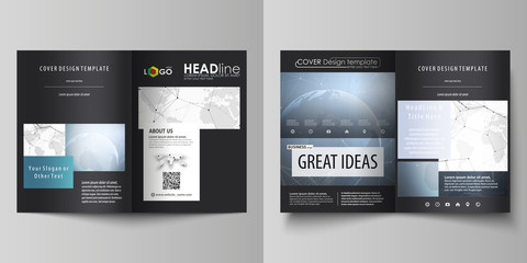 The black colored vector illustration of editable layout of two A4 format modern covers design templates for brochure, flyer, booklet. World globe on blue. Global network connections, lines and dots.