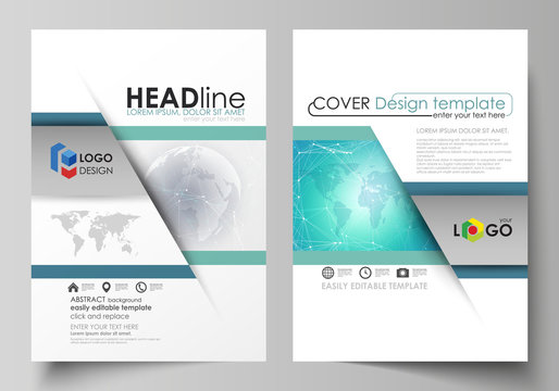 The vector illustration of the editable layout of two A4 format modern covers design templates for brochure, magazine, flyer, report. Chemistry pattern. Molecule structure. Medical, science background