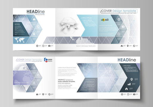 The minimalistic vector illustration of the editable layout. Two modern creative covers design templates for square brochure or flyer. Abstract futuristic network shapes. High tech background.