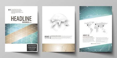 The vector illustration of the editable layout of three A4 format modern covers design templates for brochure, magazine, flyer, booklet. Chemistry pattern with molecule structure. Medical DNA research