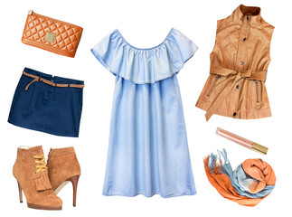 Fashion female clothes collage set isolated.