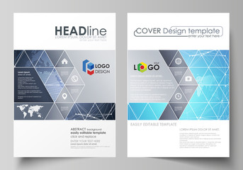 The vector illustration of the editable layout of two A4 format covers with triangles design templates for brochure, flyer, booklet. Abstract global design. Chemistry pattern, molecule structure.