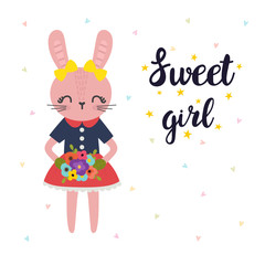 Sweet girl. Cute little bunny with flowers. Romantic card, greeting card or postcard. Illustration with beautiful fashion rabbit
