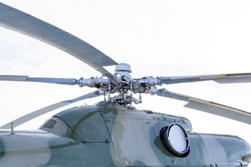 Close up of a helicopter rotor hub and blades