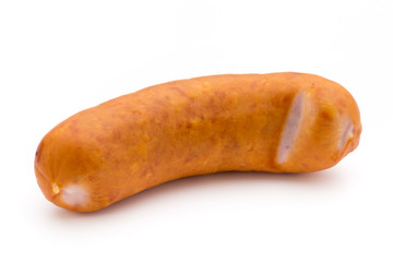 Sausage and spices isolated on white background, fresh delicious frankfurter.