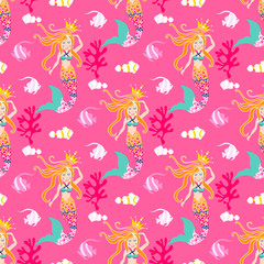 Naklejka premium Seamless pattern with mermaid. Vector background nice underwater with fish, plant, sea shell, coral leaf, starfish, anemone and banner fish. 
