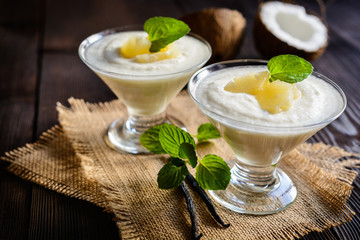 Delicious smoothie made of pineapple and coconut milk