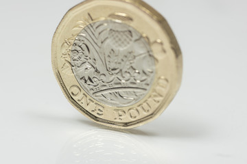 New British one pound sterling coin up close macro studio shot against a shiny reflective White background