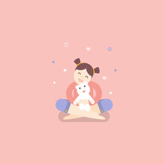 A little girl playing with white teddy bear. Vector flat illustration.