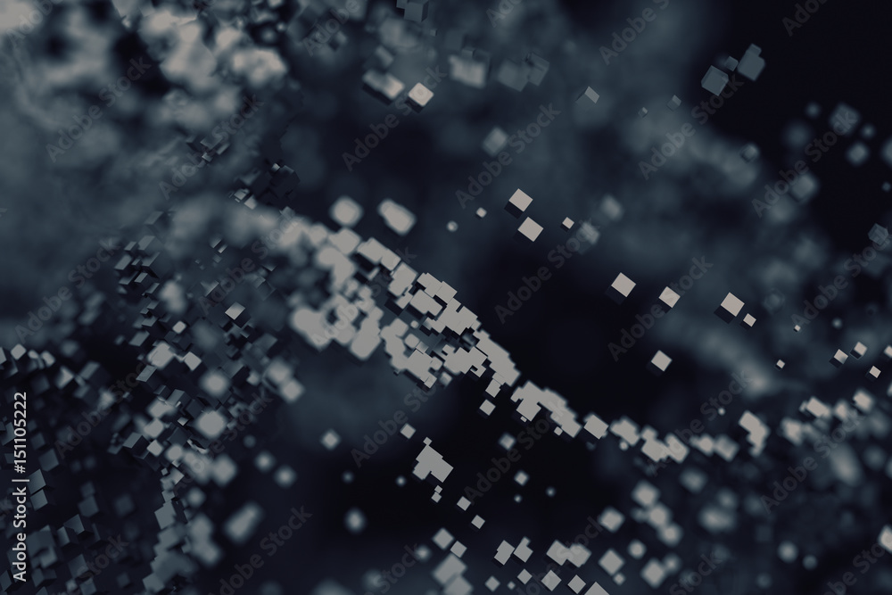 Poster abstract 3d rendering of chaotic particles. flying cubes in empty space. dynamic shape. futuristic b