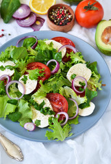 Vegetable salad with tomatoes, mozzarella and sauce on a marble background.