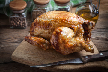 Whole roasted chicken.