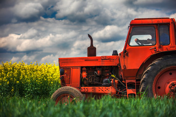 Red tractor in a field