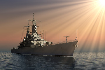 American Modern Warship In Rays Of The Sun