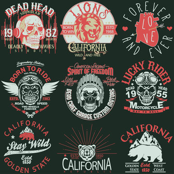 T-shirt stamp graphic set, California Sport wear typography emblem set. vector